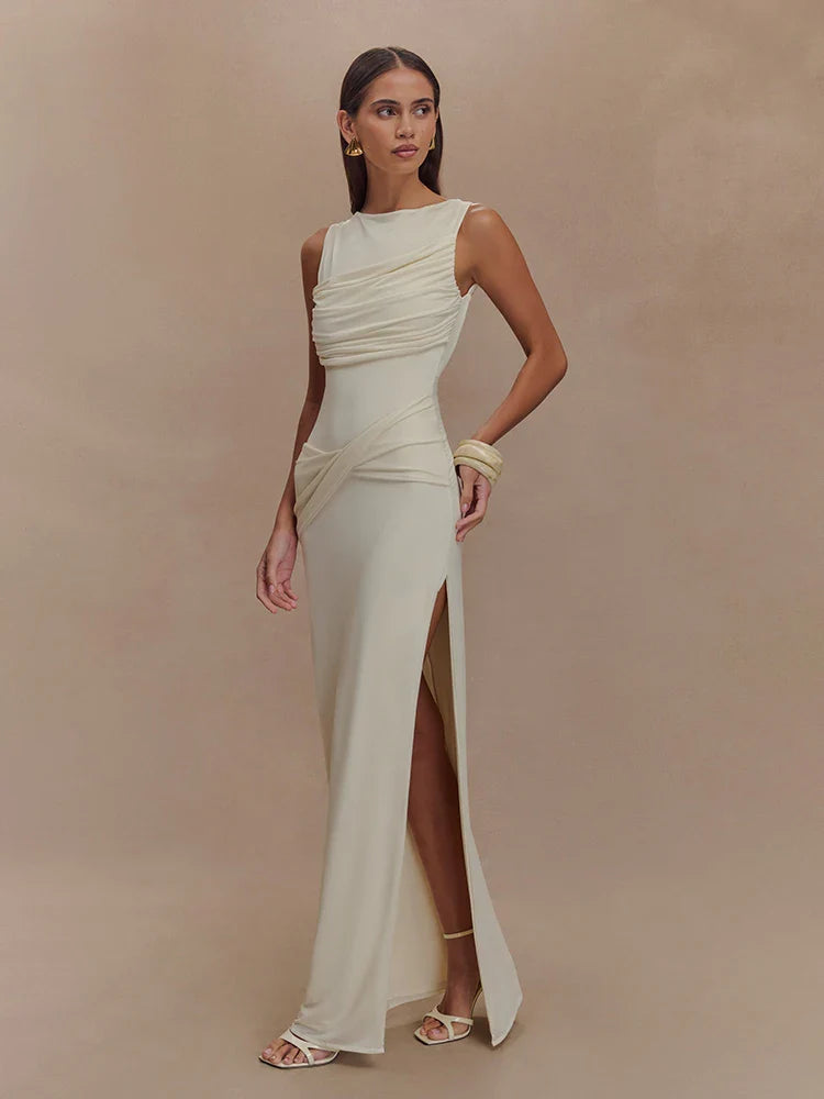 Sleeveless Pleated Bodycon Elegant Backless Maxi Dress Women - WHITE / M