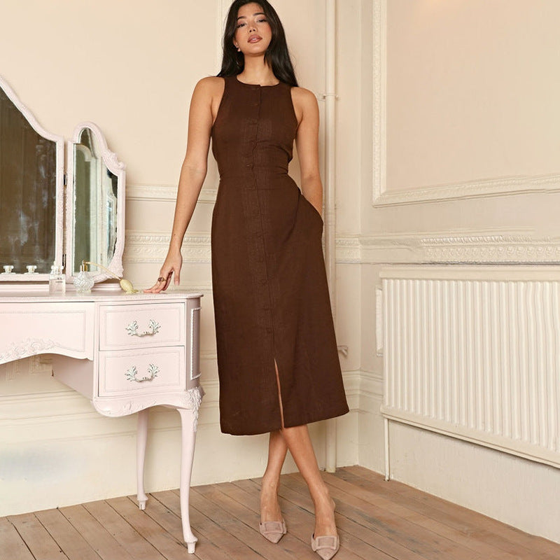 Sleeveless Round Neck Multi-button Strap Casual Dress - Brown / L - electronic accessories