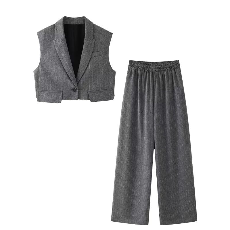 Sleeveless Short Vest Top Wide Leg Trousers - Gray / L - Other