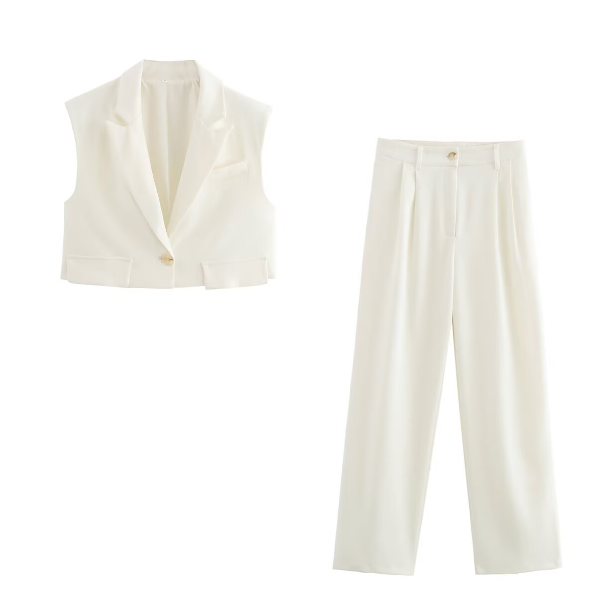 Sleeveless Short Vest Top Wide Leg Trousers - White / L - Other