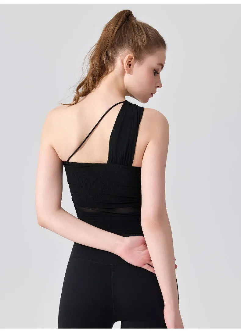 Sleeveless Slimming Top Single Shoulder Straps Women Yoga Mesh Tank