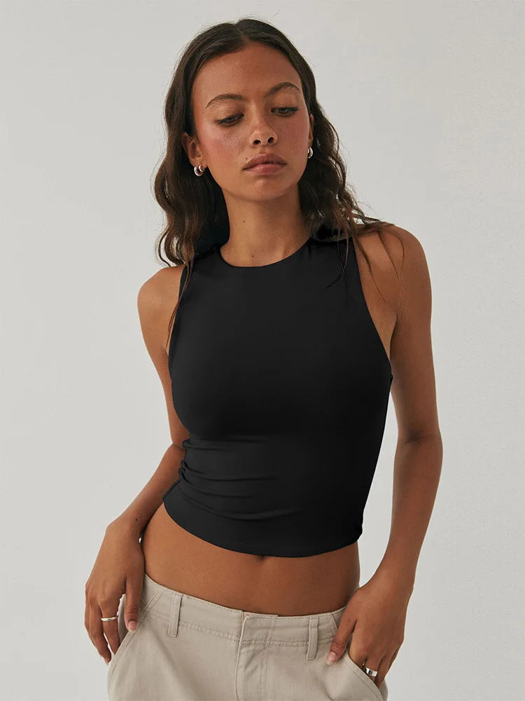 Sleeveless Tight Bottomed Shirt With Round Neck Racerback Top - Other