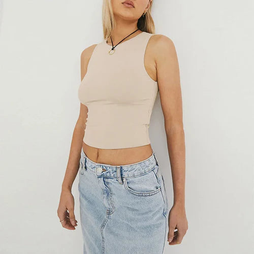 Sleeveless Tight Bottomed Shirt With Round Neck Racerback Top - XS / Apricot - Other