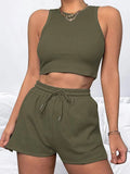 Sleeveless Waffle Elegant Women’s Sets - Army green / XXL