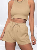 Sleeveless Waffle Elegant Women’s Sets - khaki / L