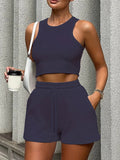 Sleeveless Waffle Elegant Women’s Sets - Navy blue / S