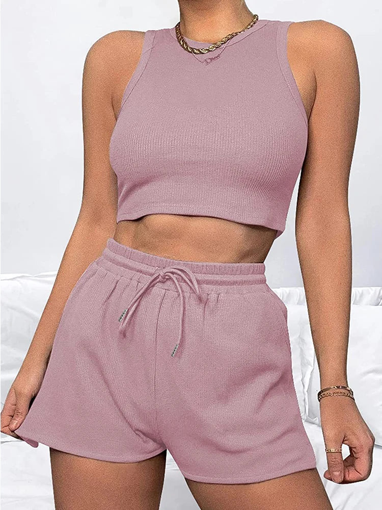 Sleeveless Waffle Elegant Women’s Sets - pink / L