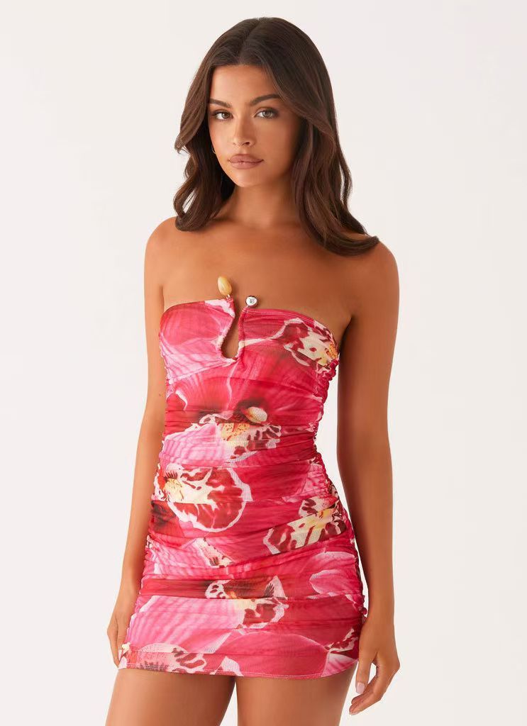 Slim-fit Pleated Solid Color Sheath Jumpsuit Skirt - Red / L - electronic accessories