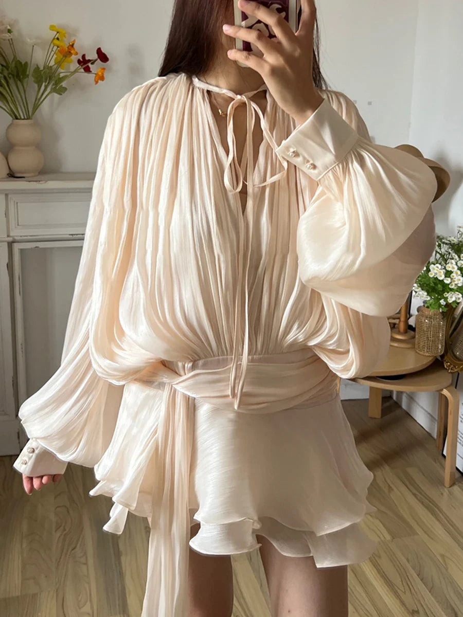 Solid Blouse Mini Dresses For Women V Neck Long Sleeve - Other