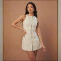 Solid Color Buttons Lace-up Waist Trimming Skirt Dress - Champagne / L - Other