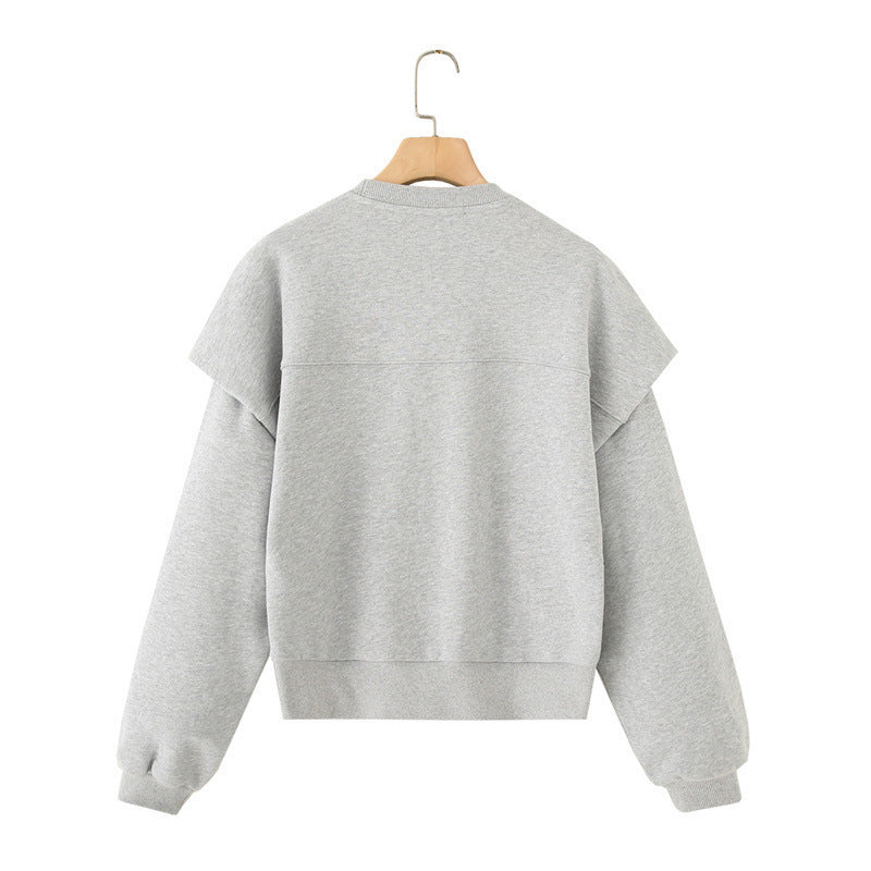 Solid Color Pleated Heavy Fabric Round Neck Long Sleeve Sweater - Other