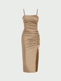 Solid Color Ruched Bodycon Slit Cami Dress - Coffee / L - Other
