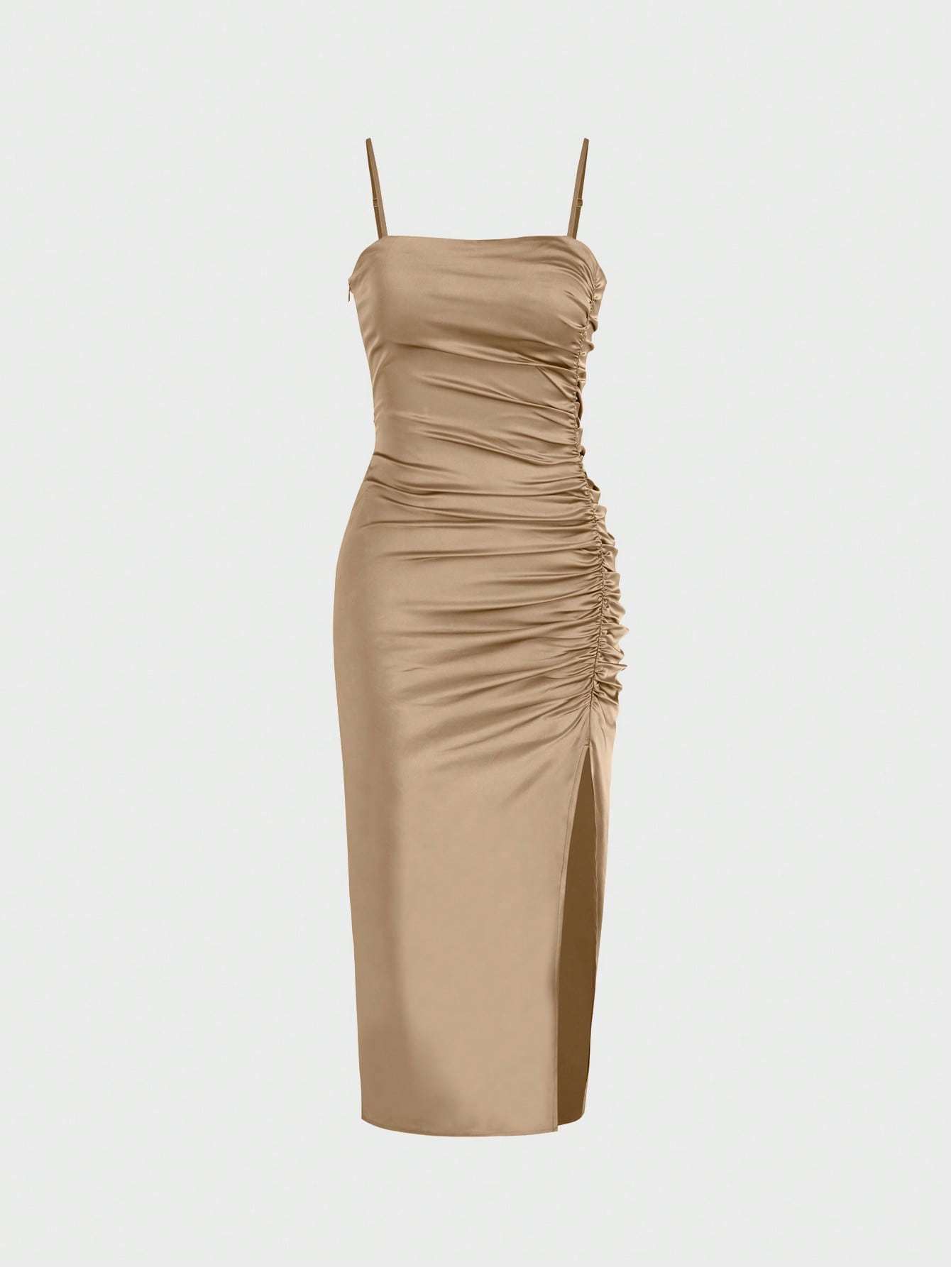 Solid Color Ruched Bodycon Slit Cami Dress - Coffee / L - Other