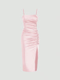 Solid Color Ruched Bodycon Slit Cami Dress - Other