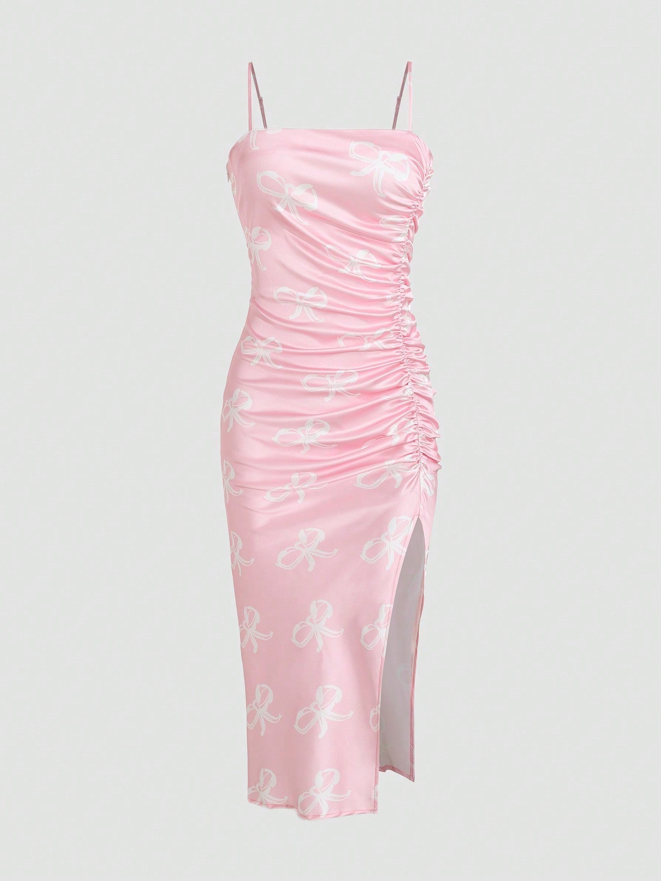 Solid Color Ruched Bodycon Slit Cami Dress - Watermelon Pink / M - Other