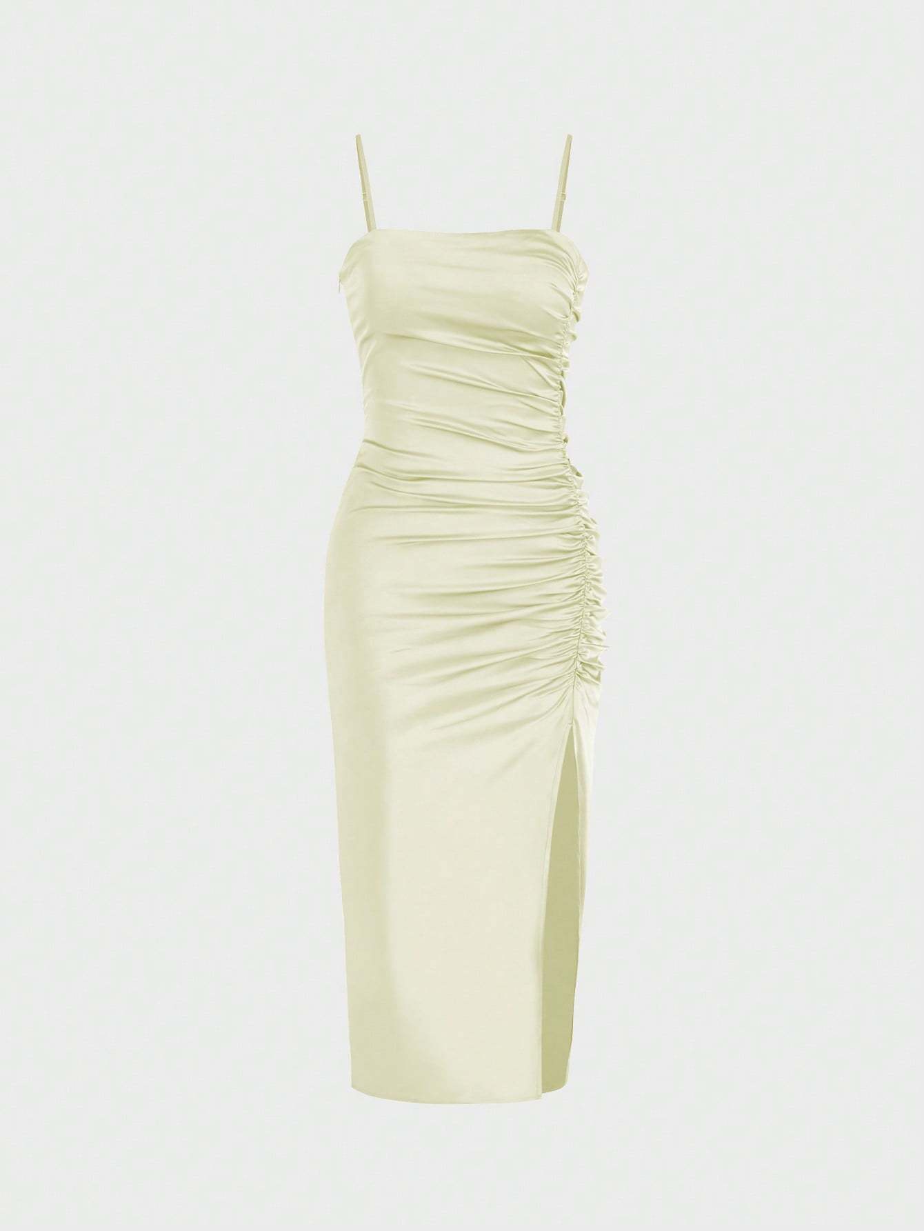 Solid Color Ruched Bodycon Slit Cami Dress - Yellow / XXS - Other