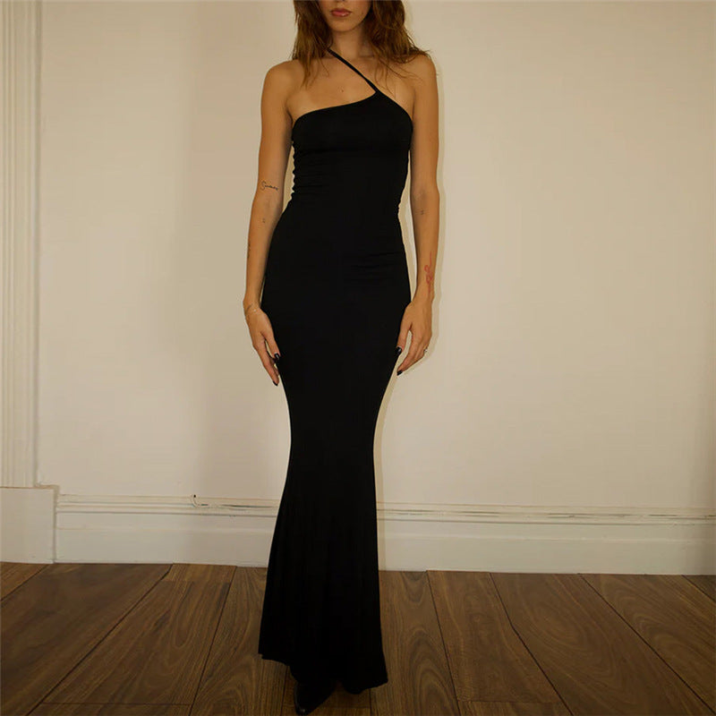 Solid Color Simple One Shoulder Backless Fishtail Dress - Other