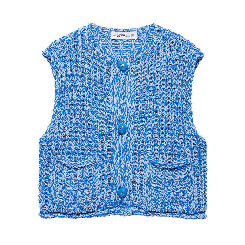 Solid Color Thick Needle Knit Casual Short Vest - Other