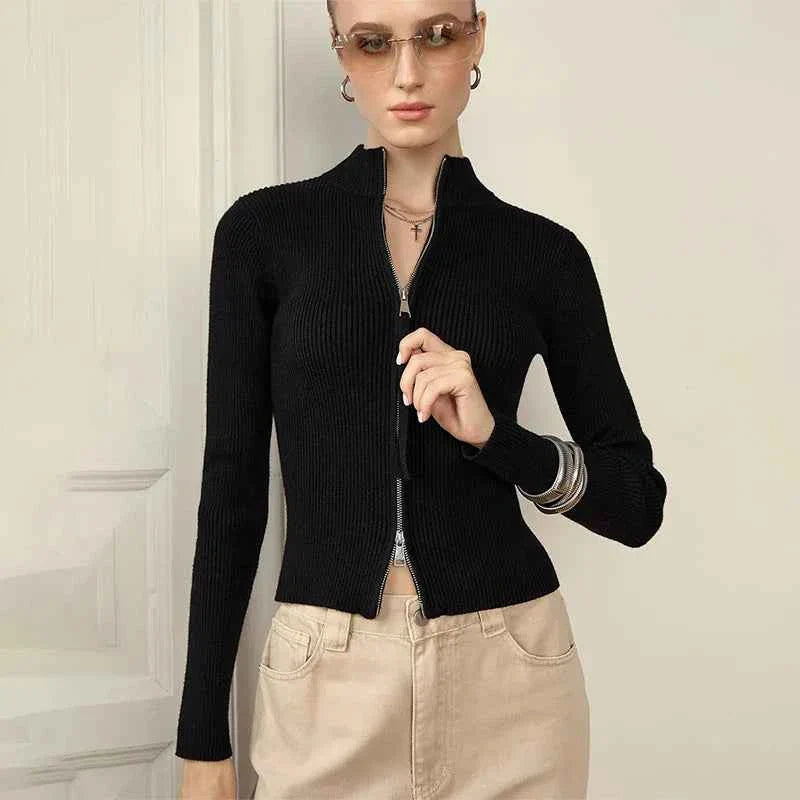 Solid Double Zip Knit Cardigan Women