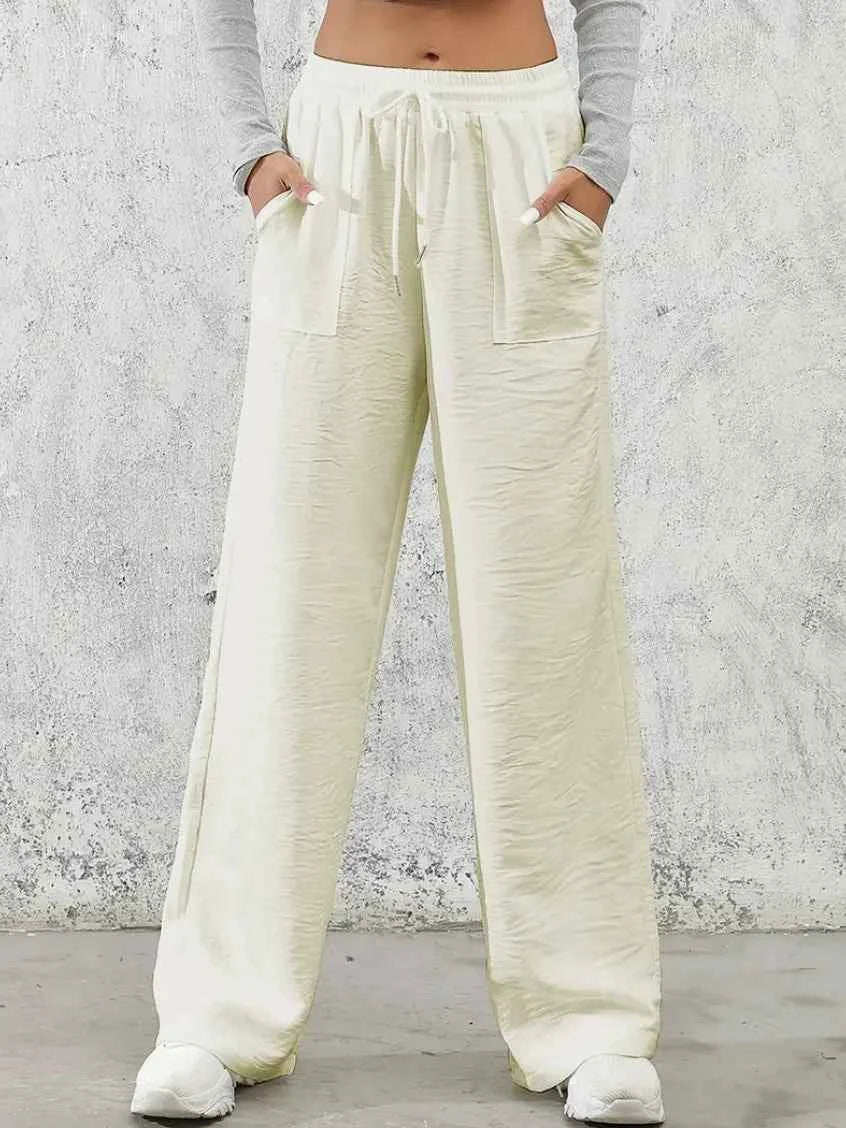 Solid Drawstring Wide Leg Pants
