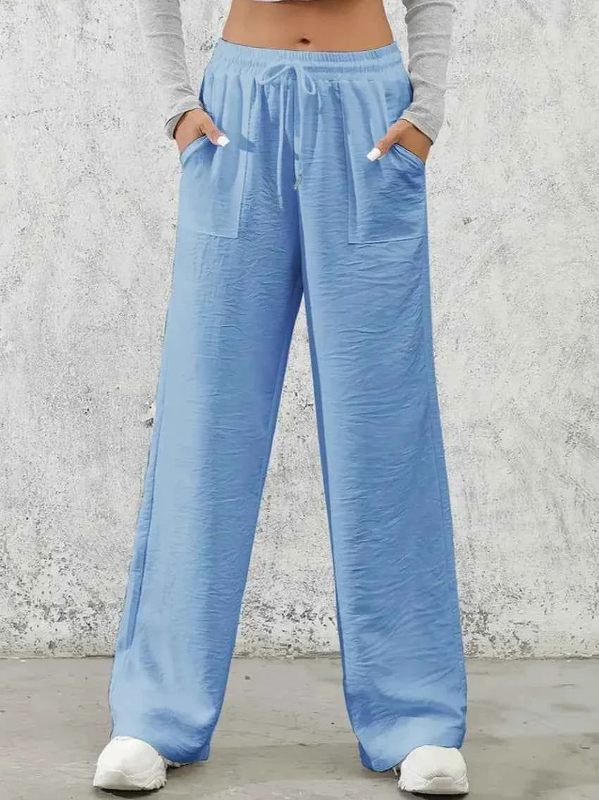 Solid Drawstring Wide Leg Pants