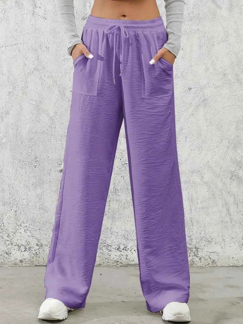 Solid Drawstring Wide Leg Pants