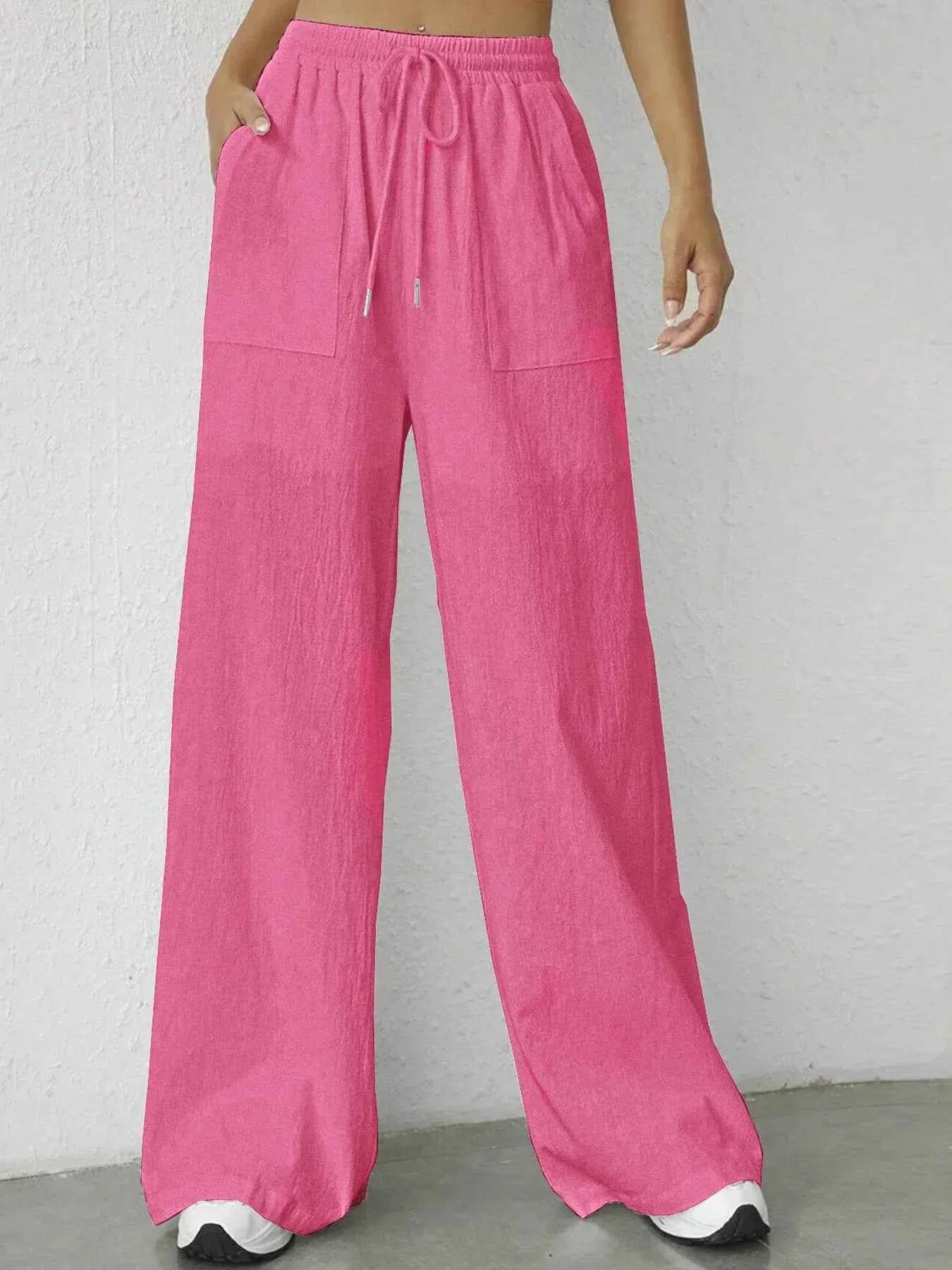 Solid Drawstring Wide Leg Pants