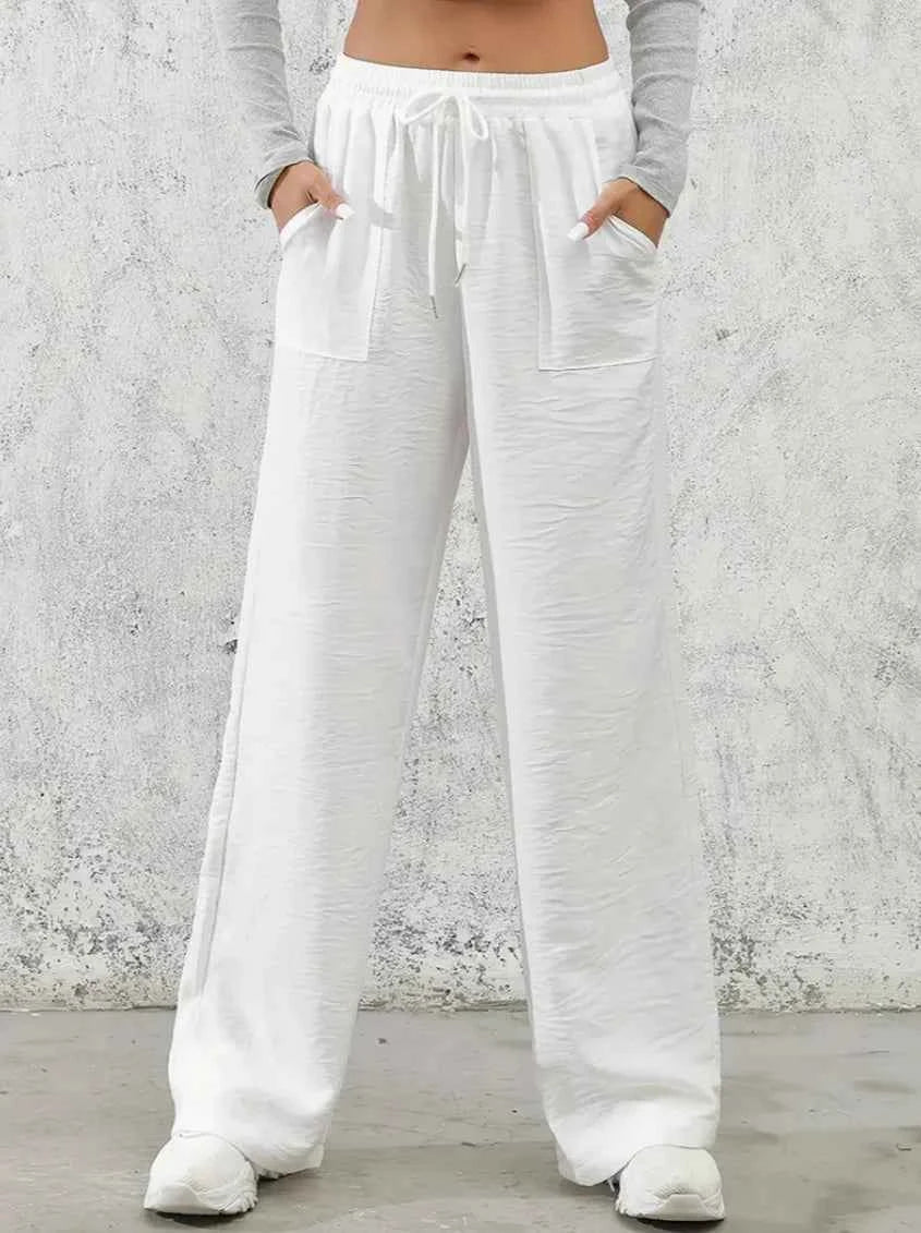 Solid Drawstring Wide Leg Pants