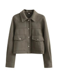 Solid Front Pockets Button Long Sleeve Jacket - army green / XS