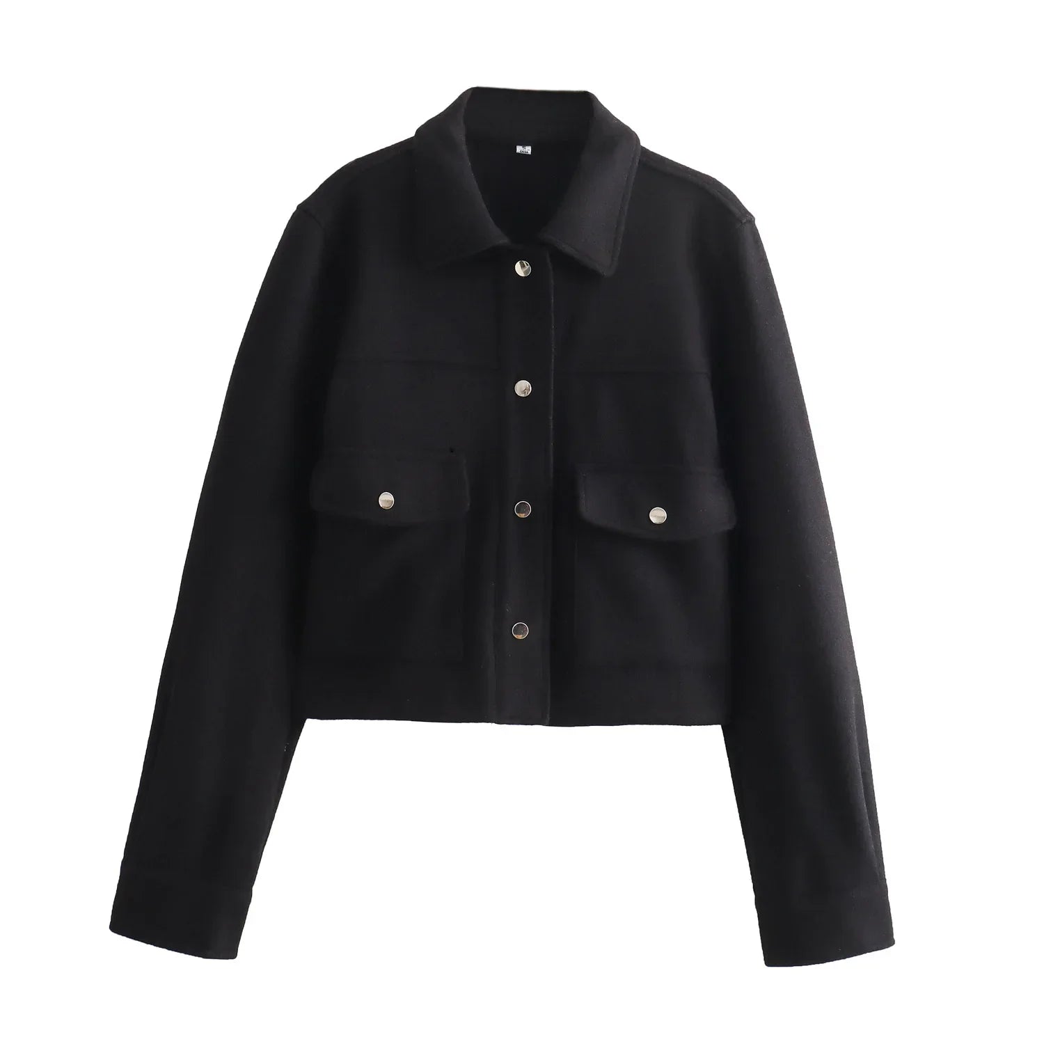 Solid Front Pockets Button Long Sleeve Jacket - black / XS