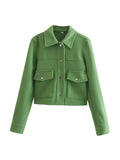 Solid Front Pockets Button Long Sleeve Jacket - green / XS