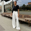 Solid Minimalist Spliced Pockets Pant for Women High Waist Loose