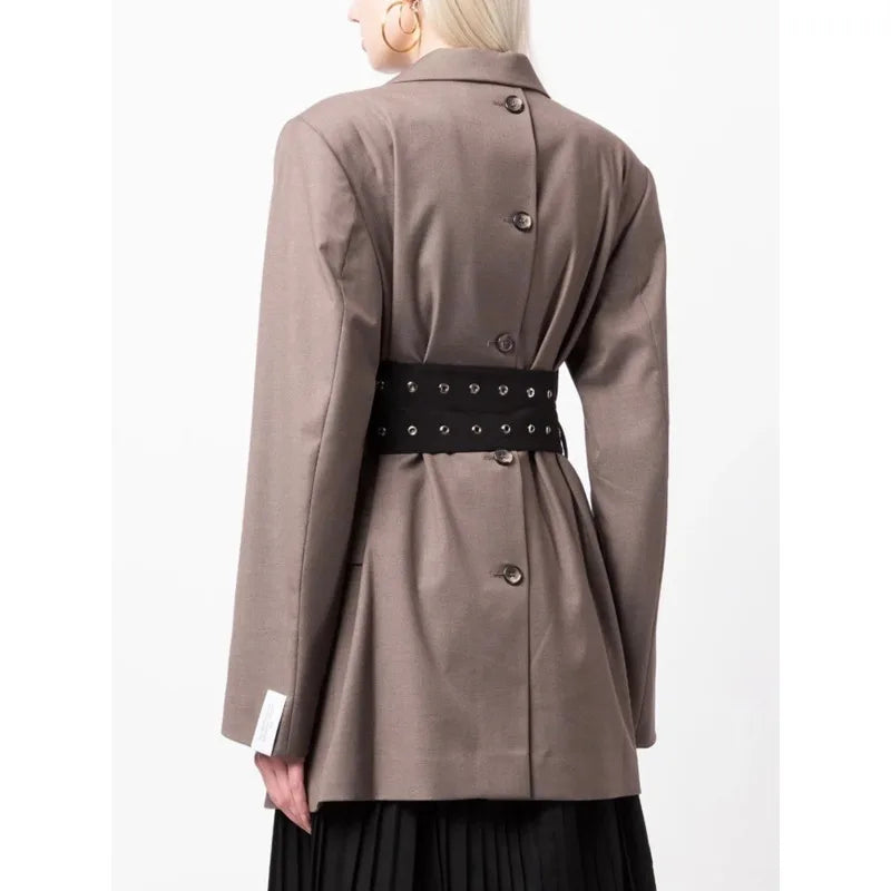 Solid Temperament Jacket Spliced Belt Blazer Women