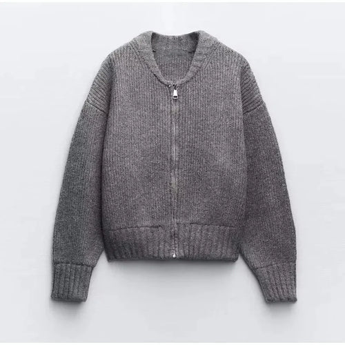 Solid Zipper Round Collar Sweater For Women High Street - L / GRAY - Other