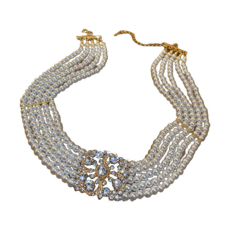 South Korea Diamond Studded Hollow Pearl Multi-layer Necklace Temperament - Gold - electronic accessories