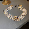 South Korea Diamond Studded Hollow Pearl Multi-layer Necklace Temperament - Gold - electronic accessories