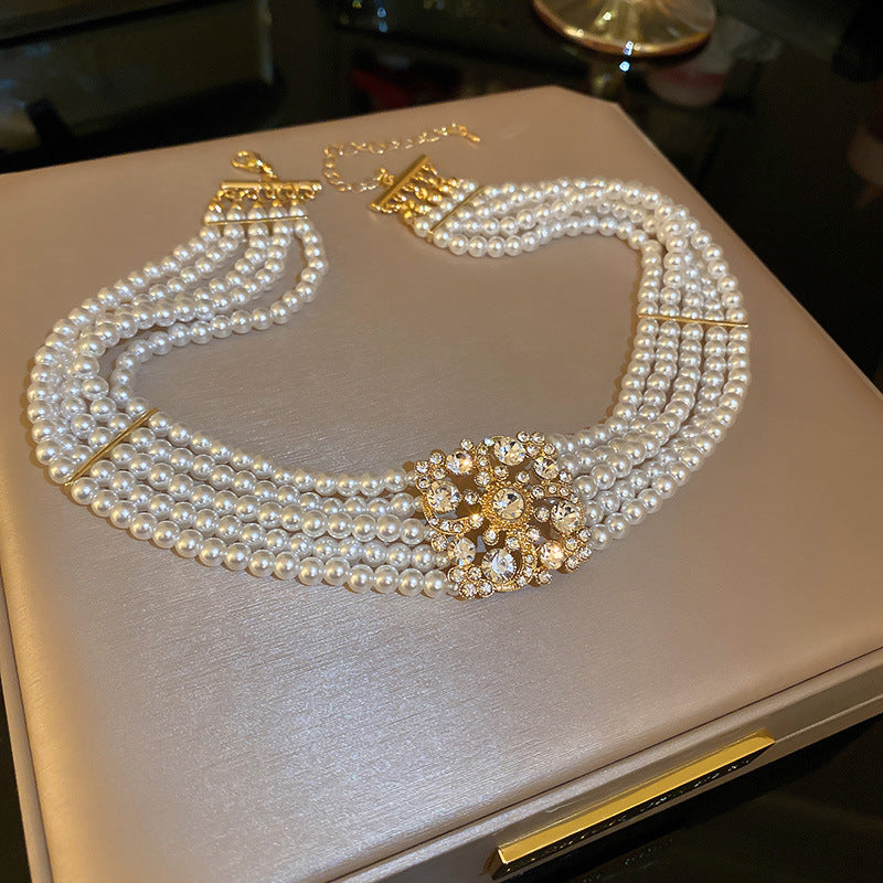 South Korea Diamond Studded Hollow Pearl Multi-layer Necklace Temperament - Gold - electronic accessories