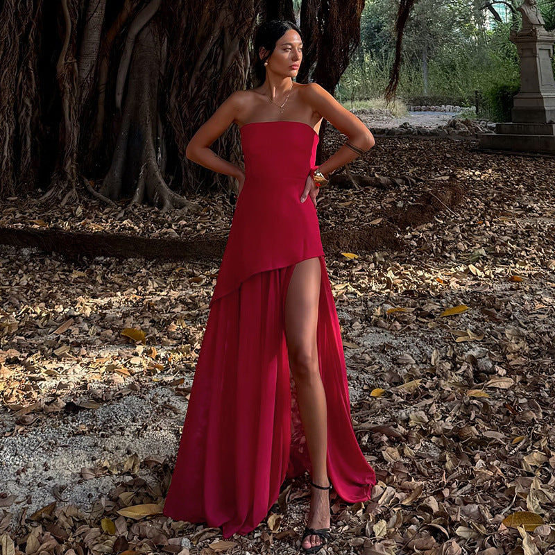 Split Socialite Style Elegant Slim Tube Top Mesh Stitching Hem Dress - electronic accessories