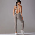 Sports Jumpsuit Backless Scrunch Sporty Bodysuits - Light Khaki / S