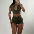 Sports Zipper Short-sleeved Shorts Two-piece Suit - Army Green / L - Other