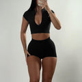 Sports Zipper Short-sleeved Shorts Two-piece Suit - Black / L - Other