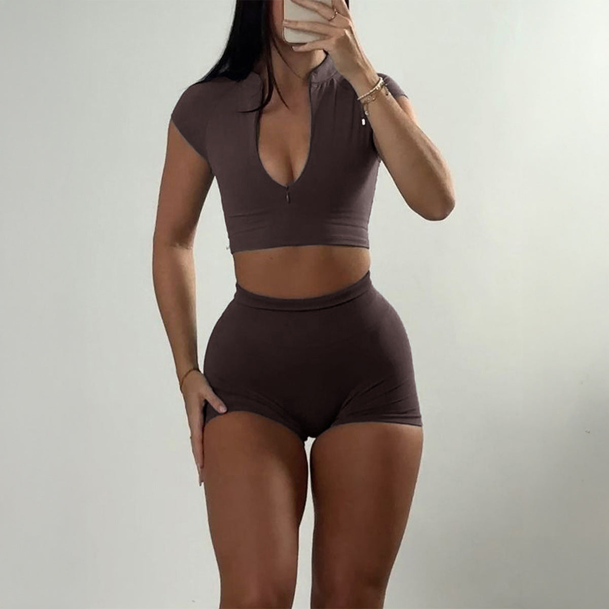 Sports Zipper Short-sleeved Shorts Two-piece Suit - Dark Brown / L - Other