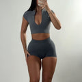 Sports Zipper Short-sleeved Shorts Two-piece Suit - Gray / L - Other