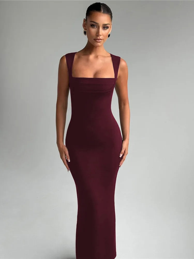 Square Collar Sleeveless Maxi Dress For Woman - Wine / S