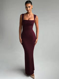 Square Collar Sleeveless Maxi Dress For Woman - Wine / S