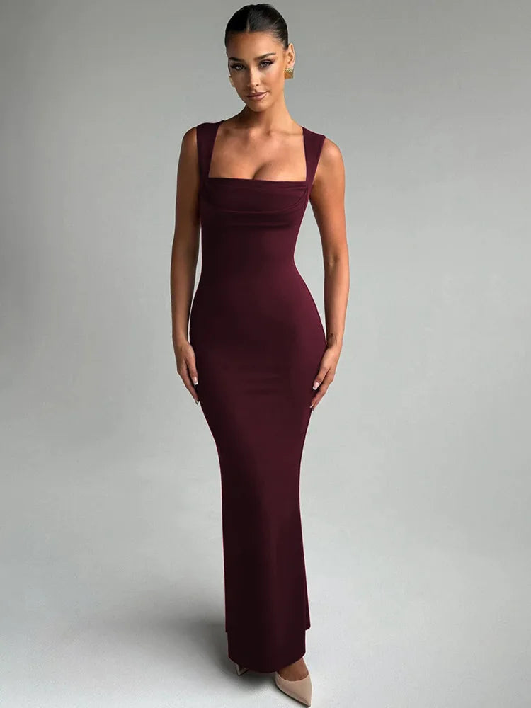 Square Collar Sleeveless Maxi Dress For Woman - Wine / S
