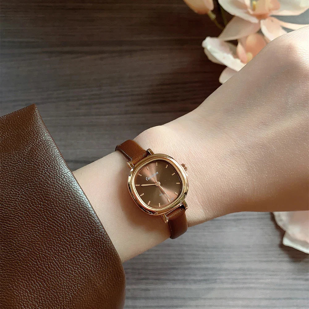 Square Exquisite Girls’ Watch Brown Strap Simple and Versatile