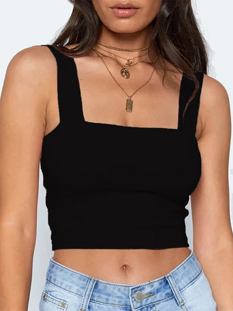 Square Neck Sleeveless Summer Crop Top White Women Black Casual Basic - Other