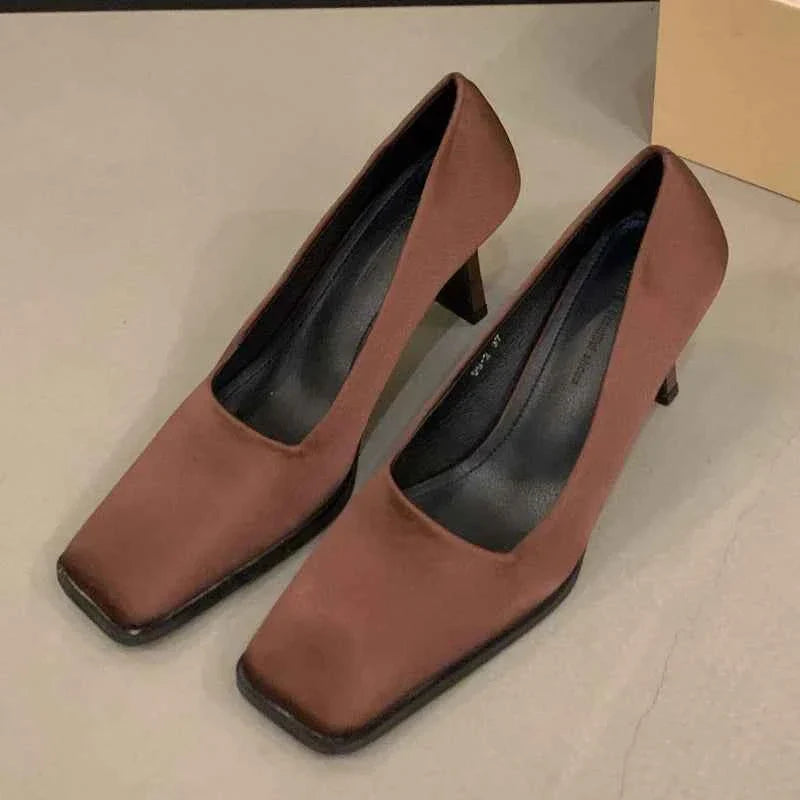 Square Toe Satin Pumps Women