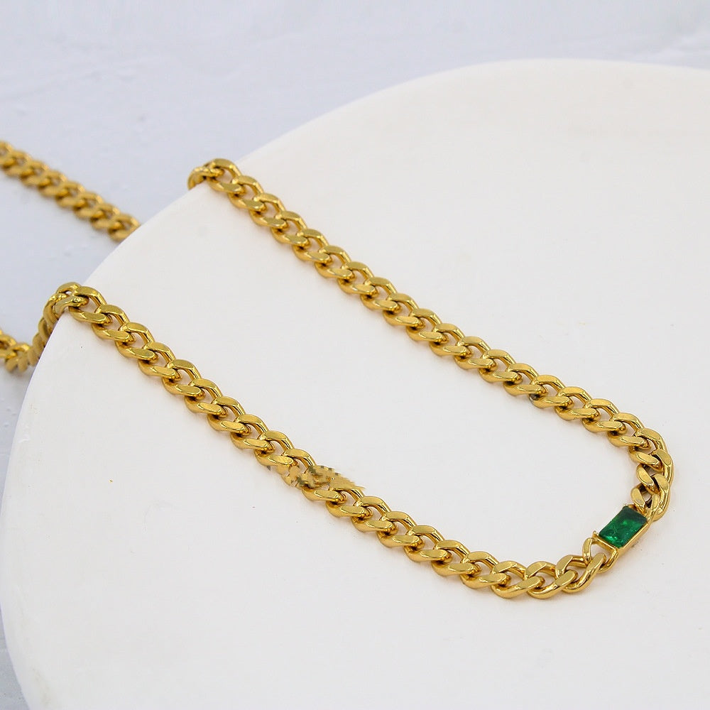 Stainless Steel Cuban Link Chain Zircon Stitching Necklace Vacuum 18K Electroplating - 5mm Green Diamond - electronic